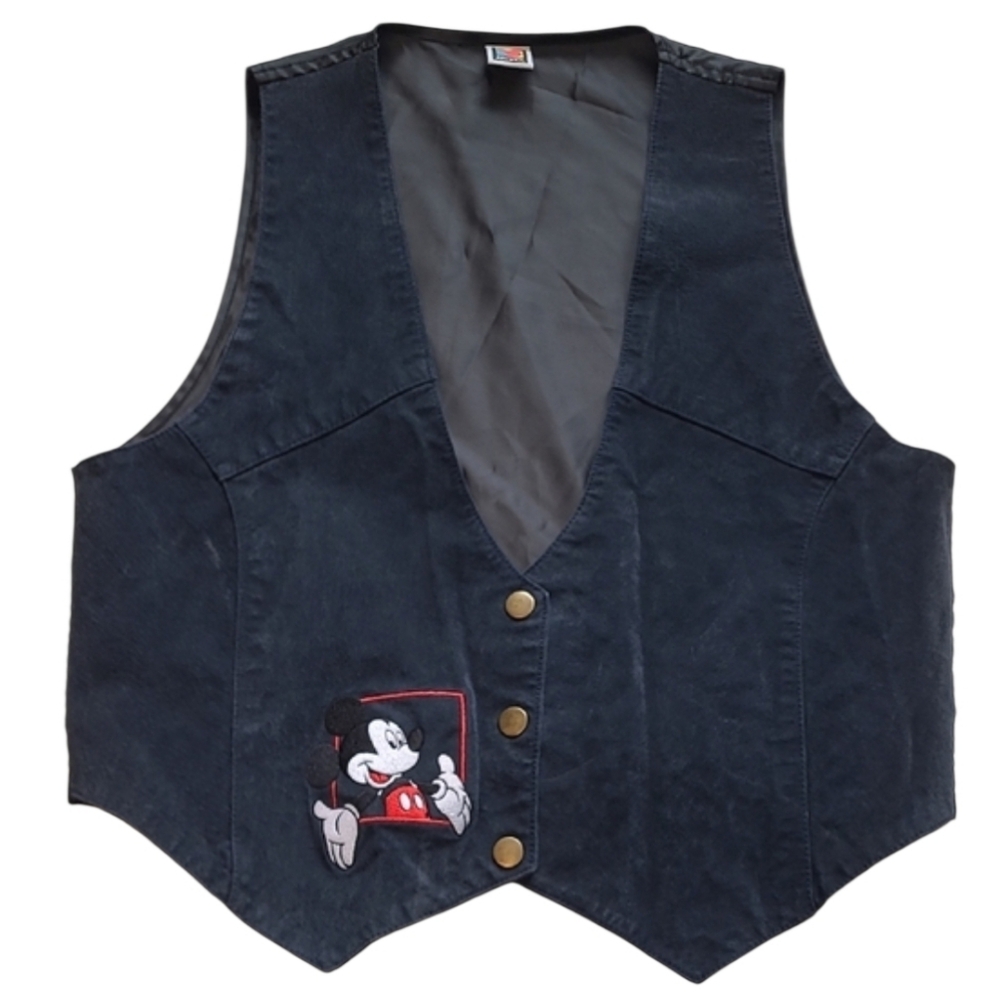 Disney Genuine Suede Vest Embroidered Mickey Mouse Vintage 90's Navy Blue